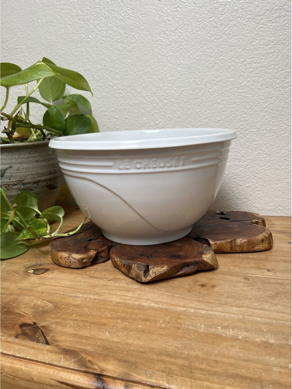 Rare Le Creuset White Ceramic Stoneware Mixing Bowl Retired Large 12” Round